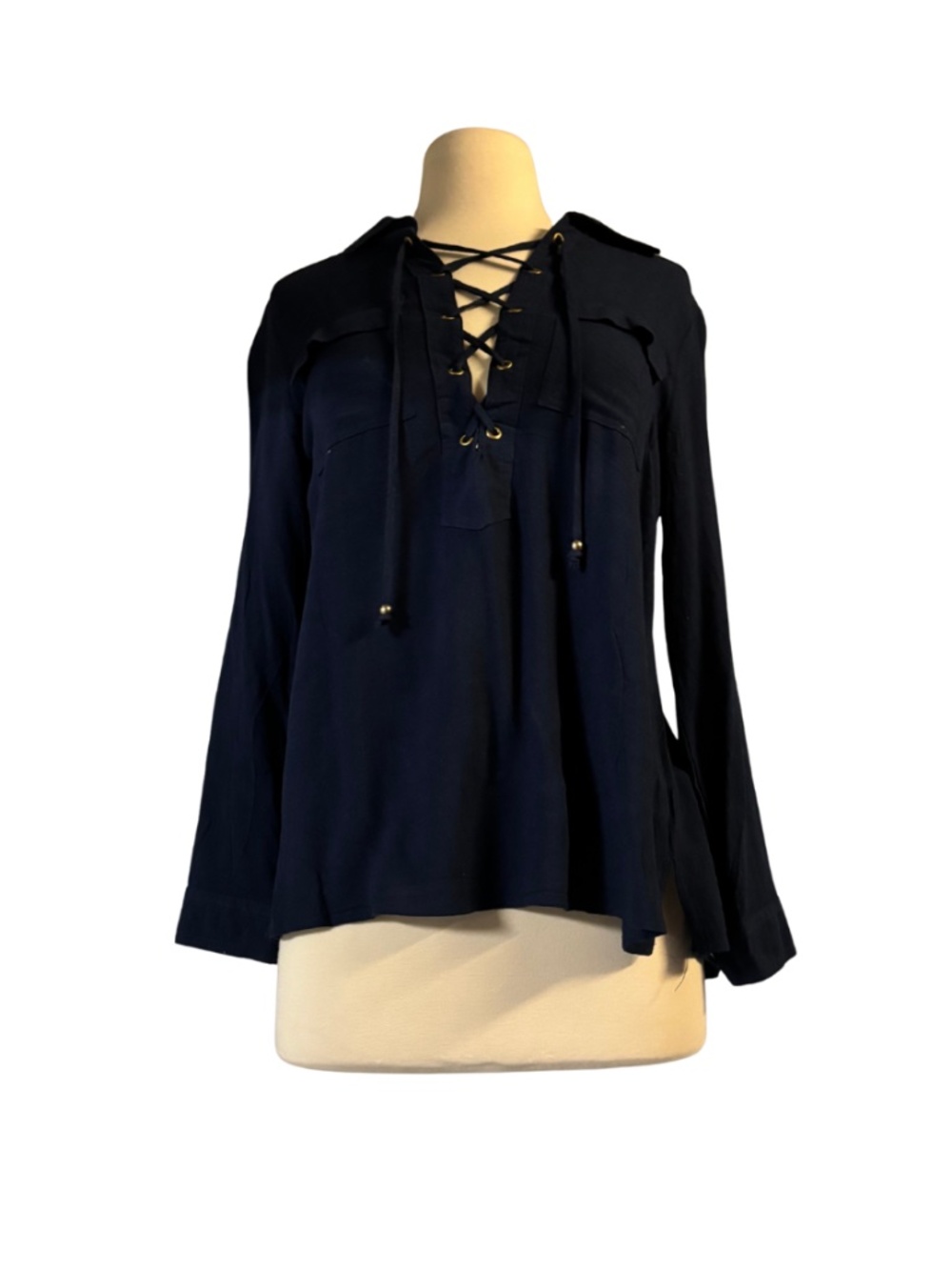 Dark blue long sleeved lace up blouse